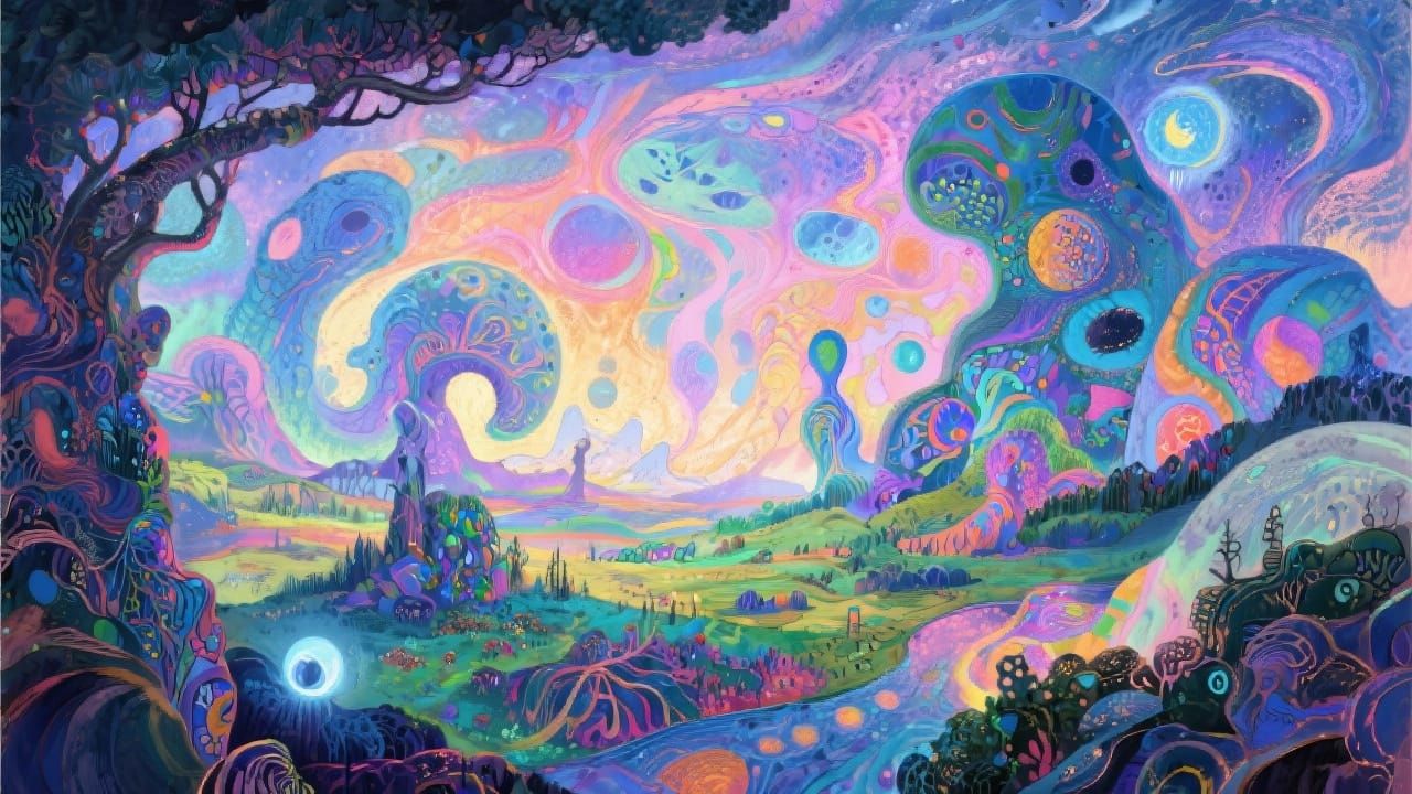 Surreal Dreamscape with Ethereal Forms and Vibrant Colors