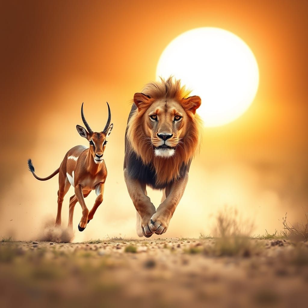 Gazelle in Frenzied Flight from Lioness in Sunlit Savannah