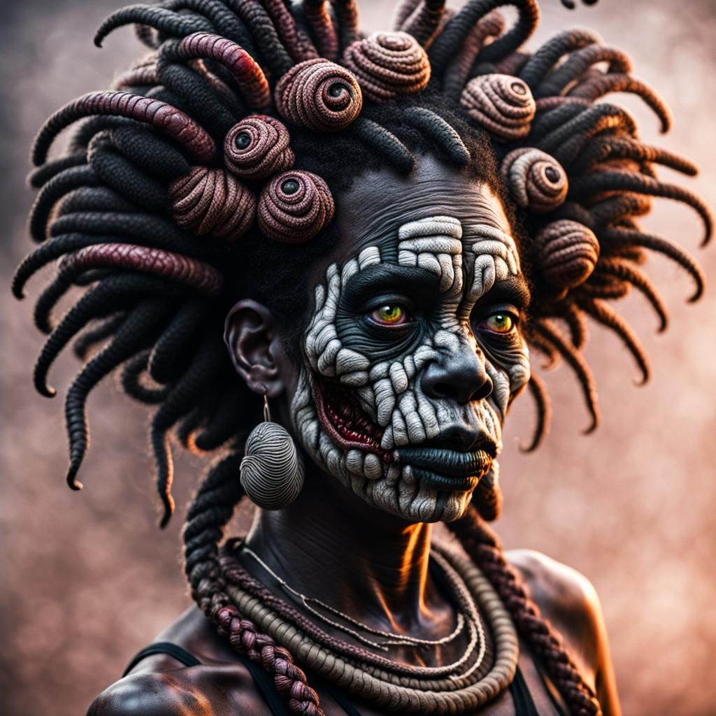 Cyberpunk Inspired Zombie Afro Woman with Hyperrealistic Det...