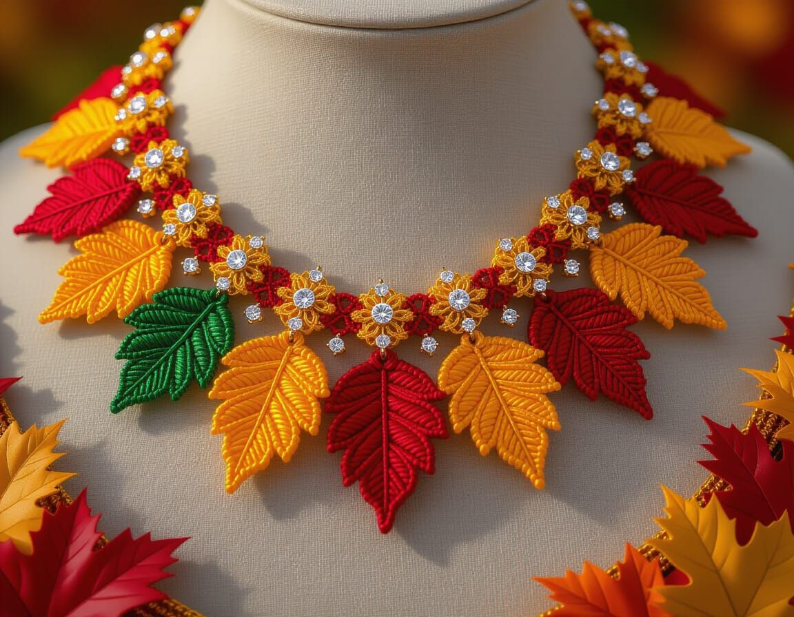 Autumn Leaf Necklace: Macrame & Tatting Oil Painting
