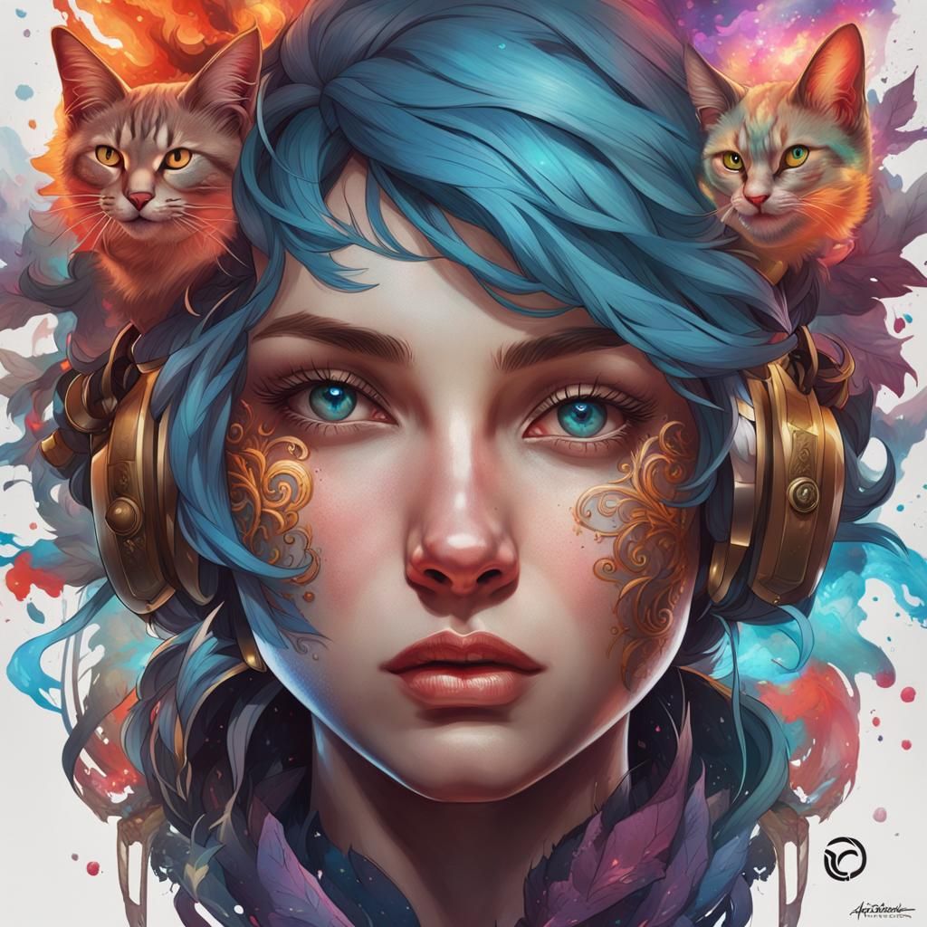 Tattooed Cat Portrait in Hyperdetailed Digital Art Style