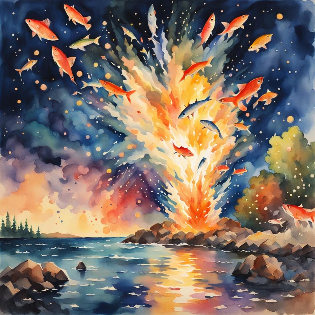 Impressionist Watercolor: Fish Explosion in Night Sky