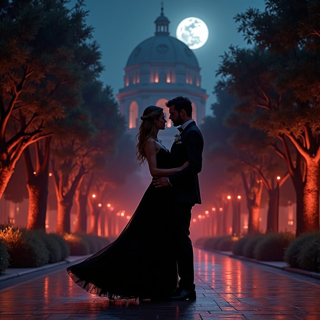 Romantic Couple Dancing Silhouetted by Moonlight