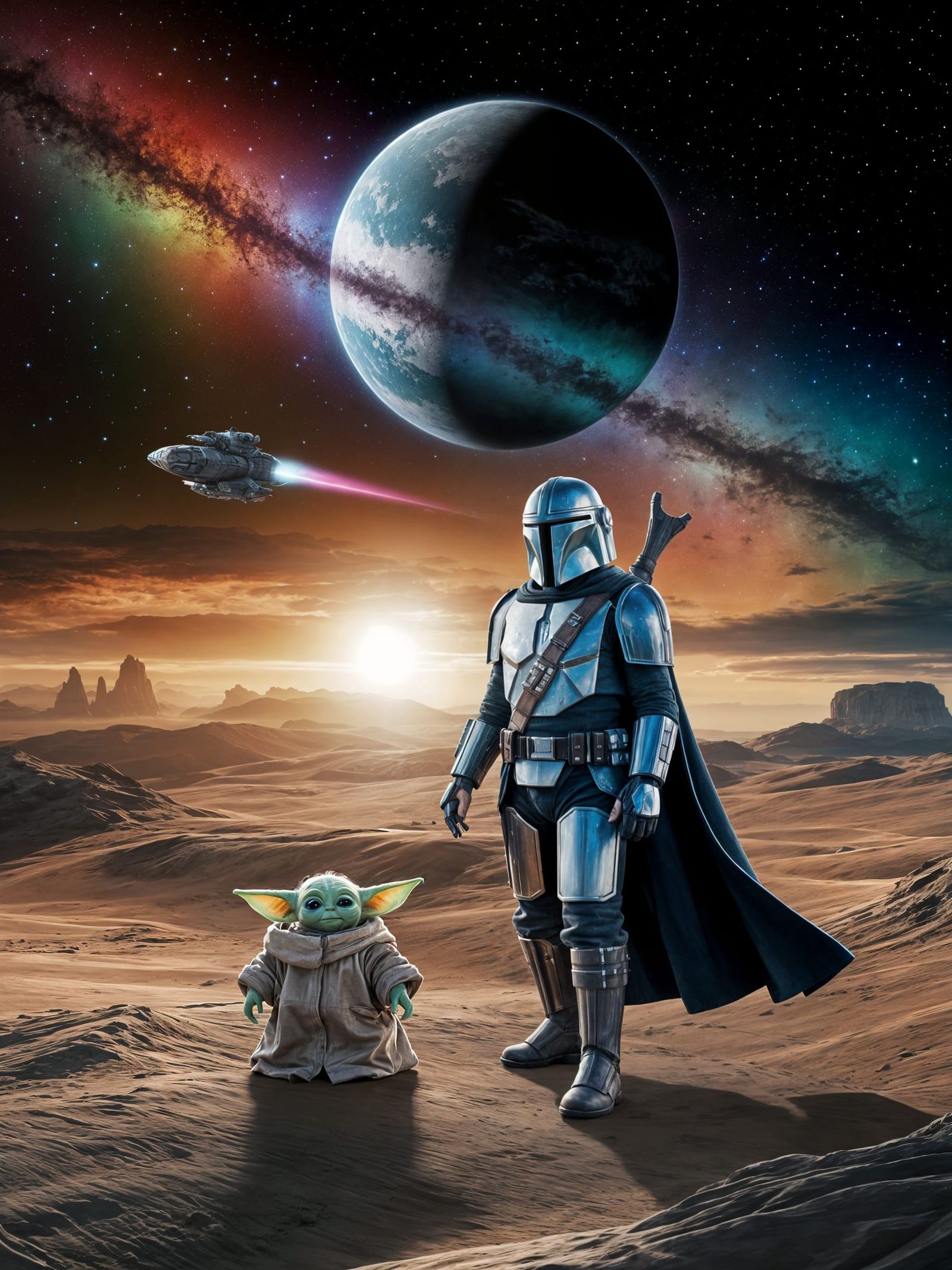 Mandalorian and Grogu Soar Through a Vibrant Galactic Landsc...