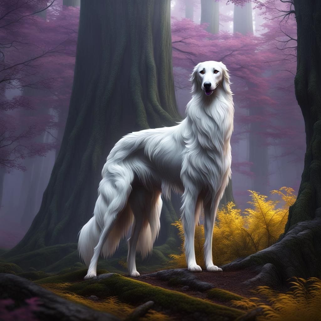 Silver Borzoi in Misty Forest, Dark Fantasy Art