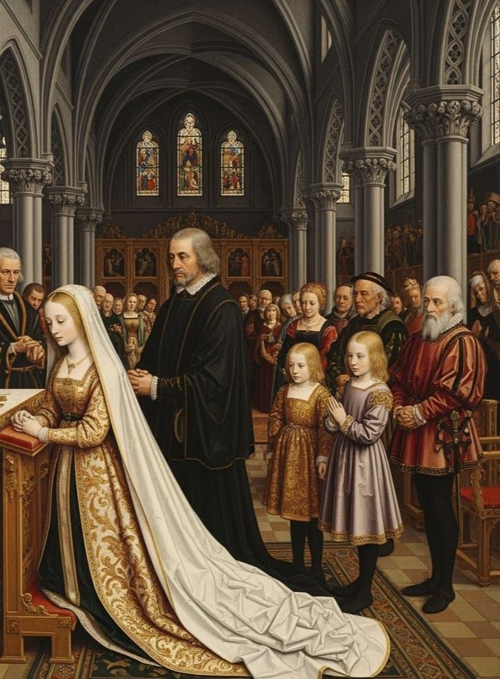 Somber Bride Kneels at Altar with Older Groom and Family