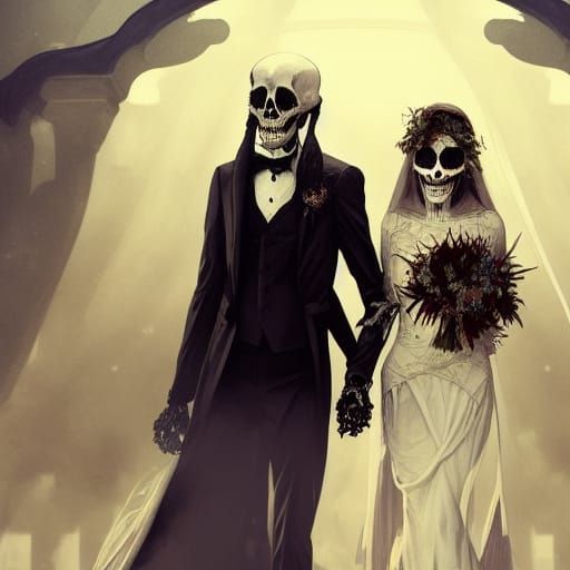 Skeletal Bride and Groom Wedding Portrait