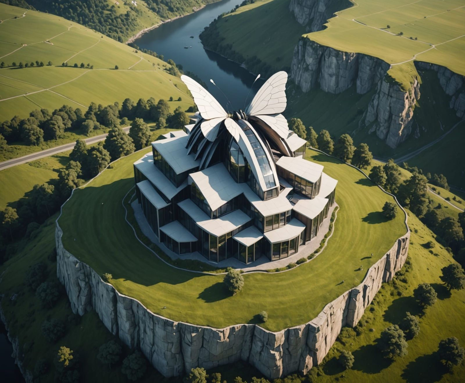 Minimalist Butterfly Building on a Hill