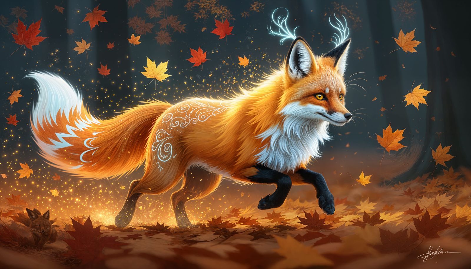 Bioluminescent Fox Running in Autumn Leaves