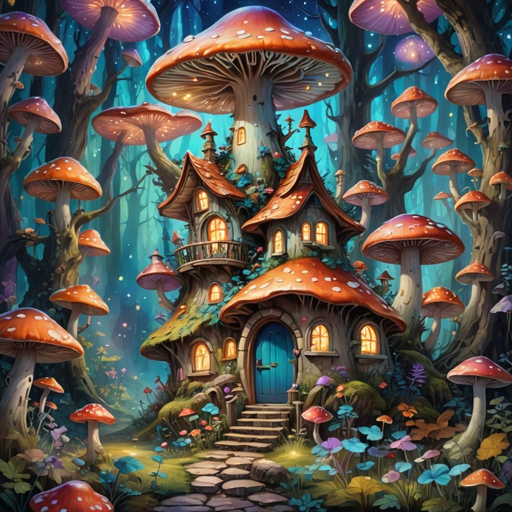 Fairy Mushroom House in Enchanted Forest, Surreal Oil Painti...