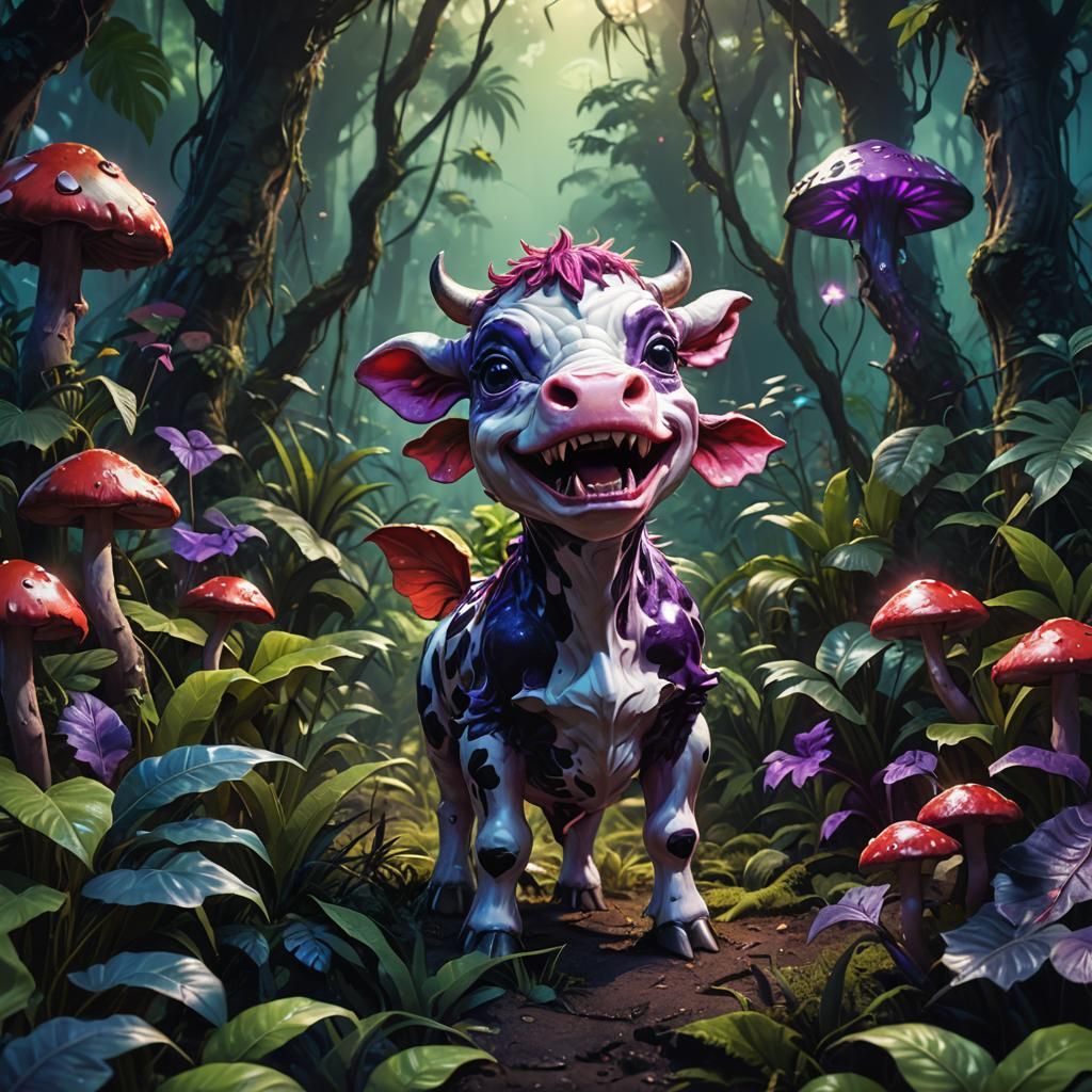 Cute Cow Monster in Fantasy Jungle