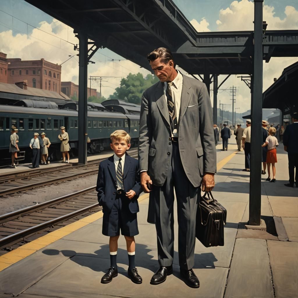Father and Son Await Train: 1960s Matte Painting
