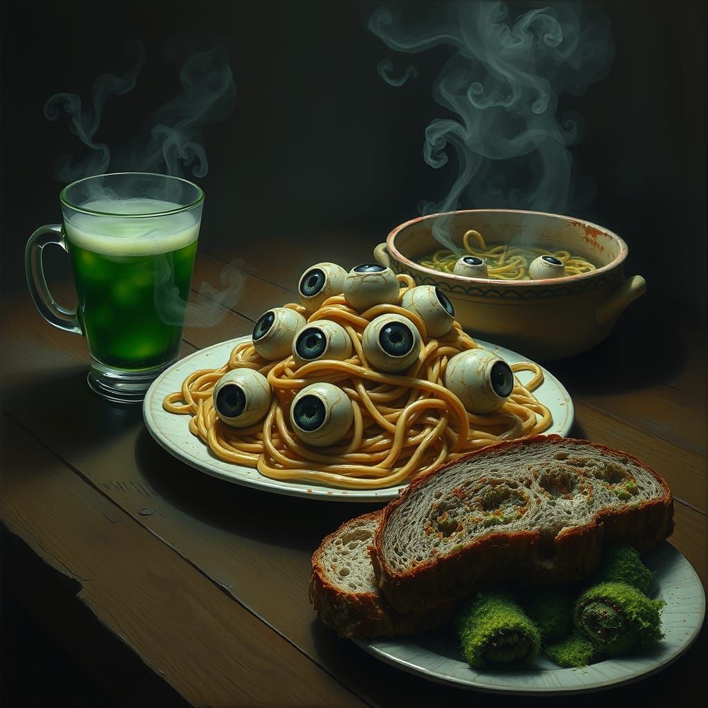 Grotesque Gothic Spaghetti Feast in a Dimly Lit Atmosphere