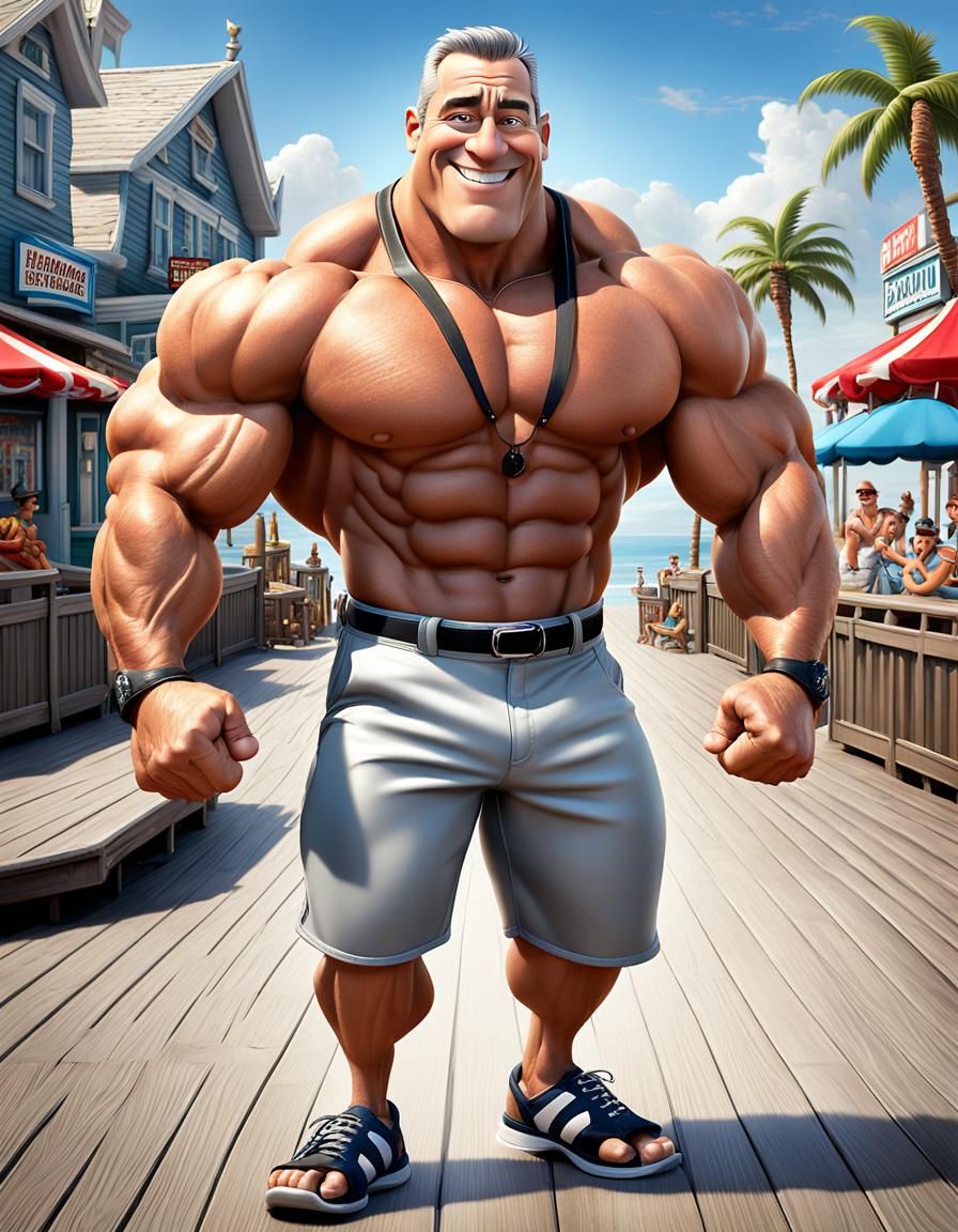 Muscular Bodybuilder Posing on Beach in Pixar Style