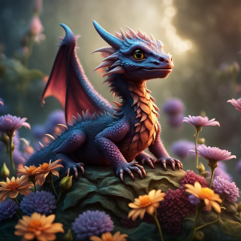Fantasy Baby Dragon on Flower, Detailed Digital Art