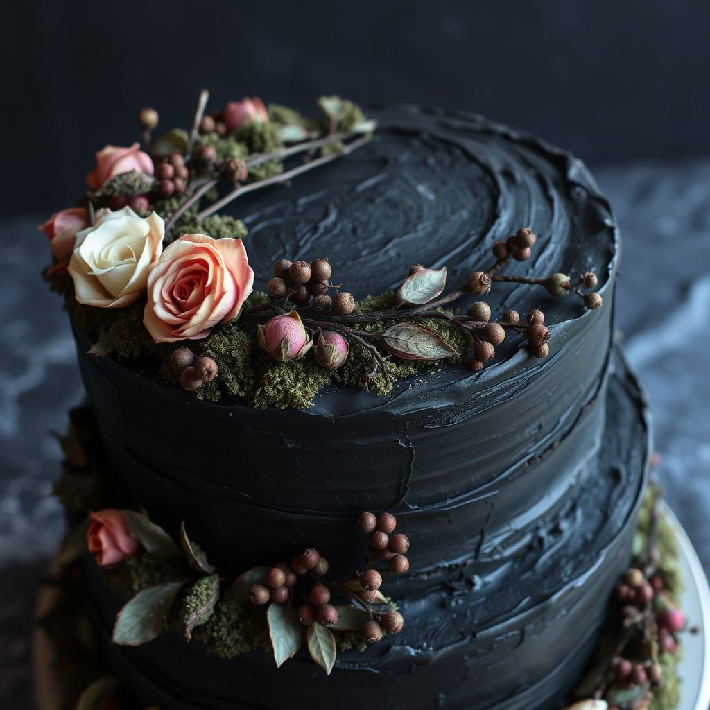 Distressed Black-Iced Cake with Timeworn Texture and Vintage...