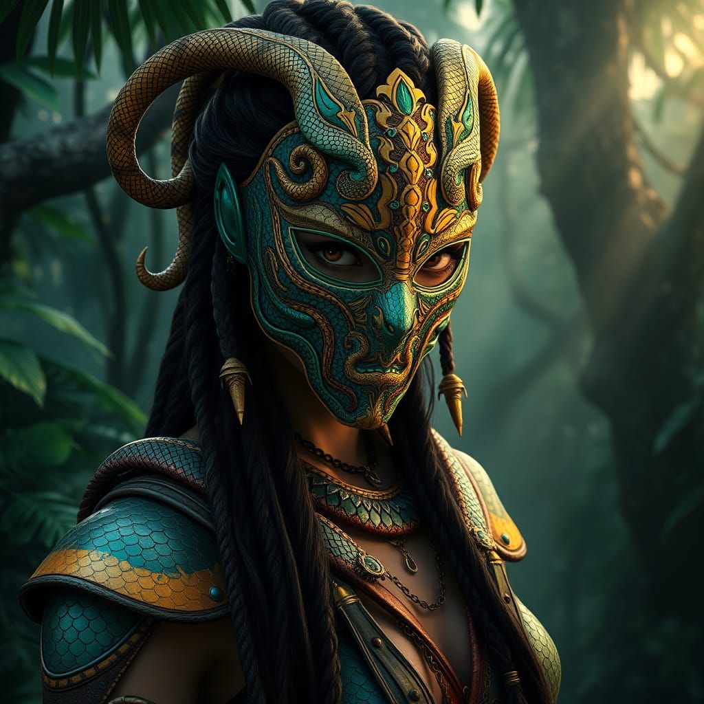 Amazonian Warrior Goddess in Snake-Inspired Regalia