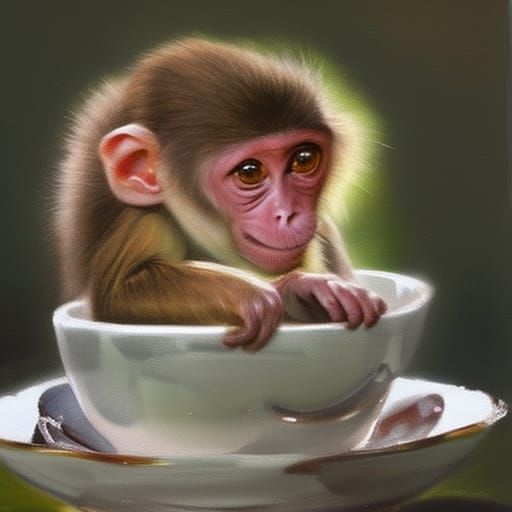 Monkey Sipping Tea: An Oil Painting