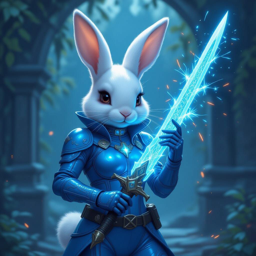 Aetherpunk White Bunny with Glowing Sword