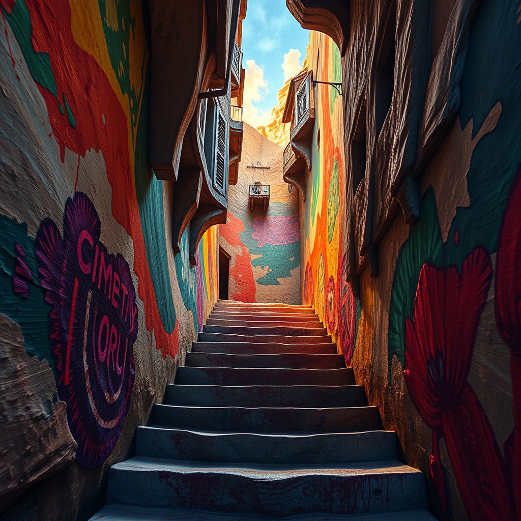 Colorful Alleyway Painting with Infinite Depth