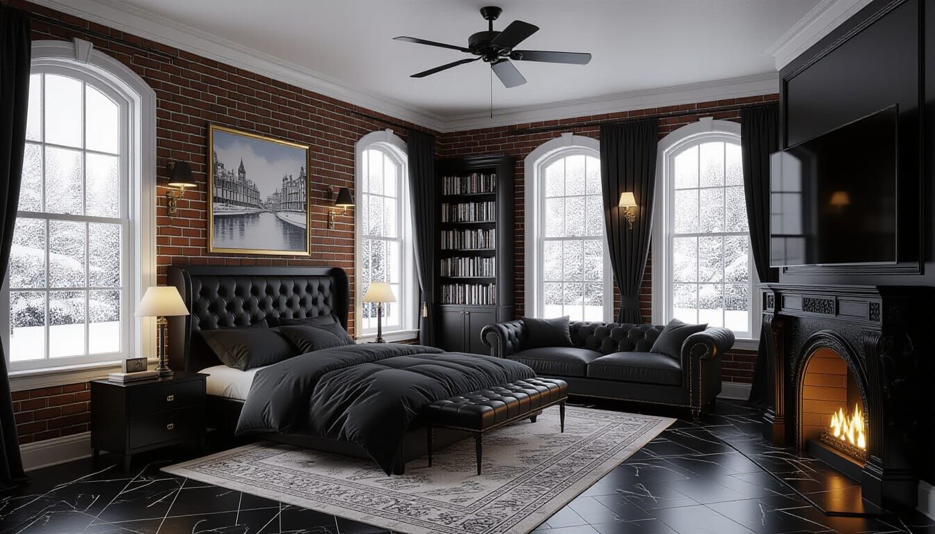 Victorian Bedroom with Snowy Landscape