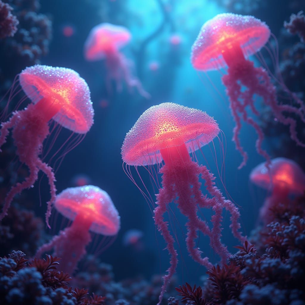 Neon Jellyfish in Kelp Forest: Abstract Fractal Art