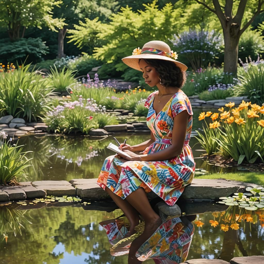 Woman Journaling by Pond in Impressionistic Style
