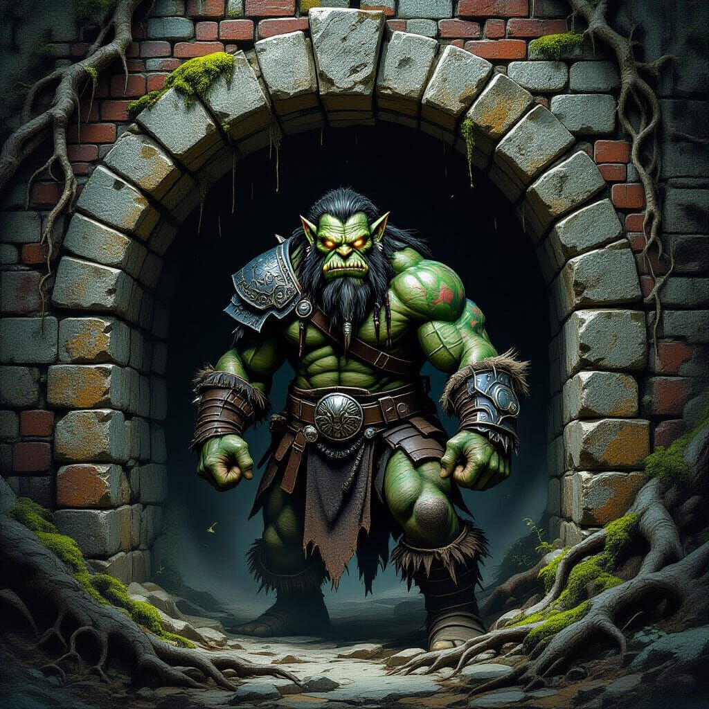 Menacing Troll Warrior Under Crumbling Stone Bridge