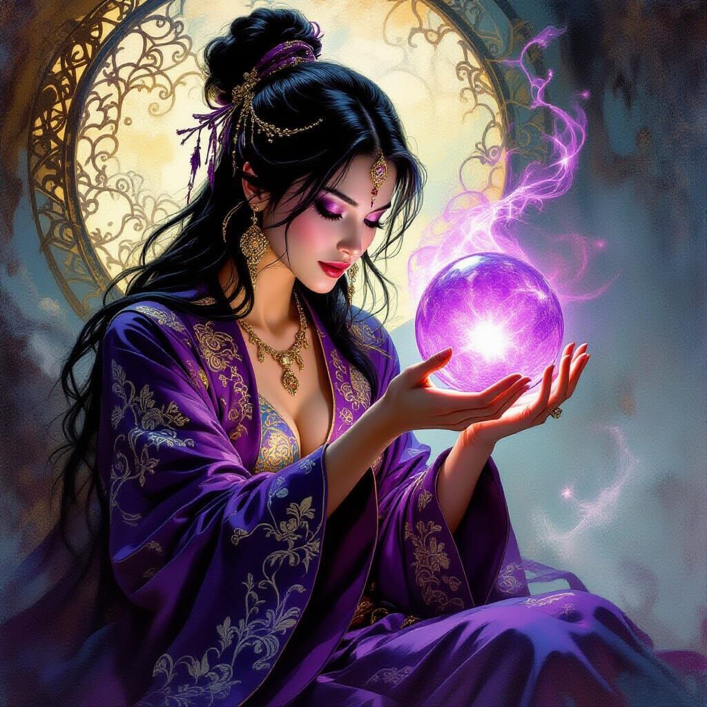 Oriental Witch with Amethyst Orb, Fantasy Oil Painting