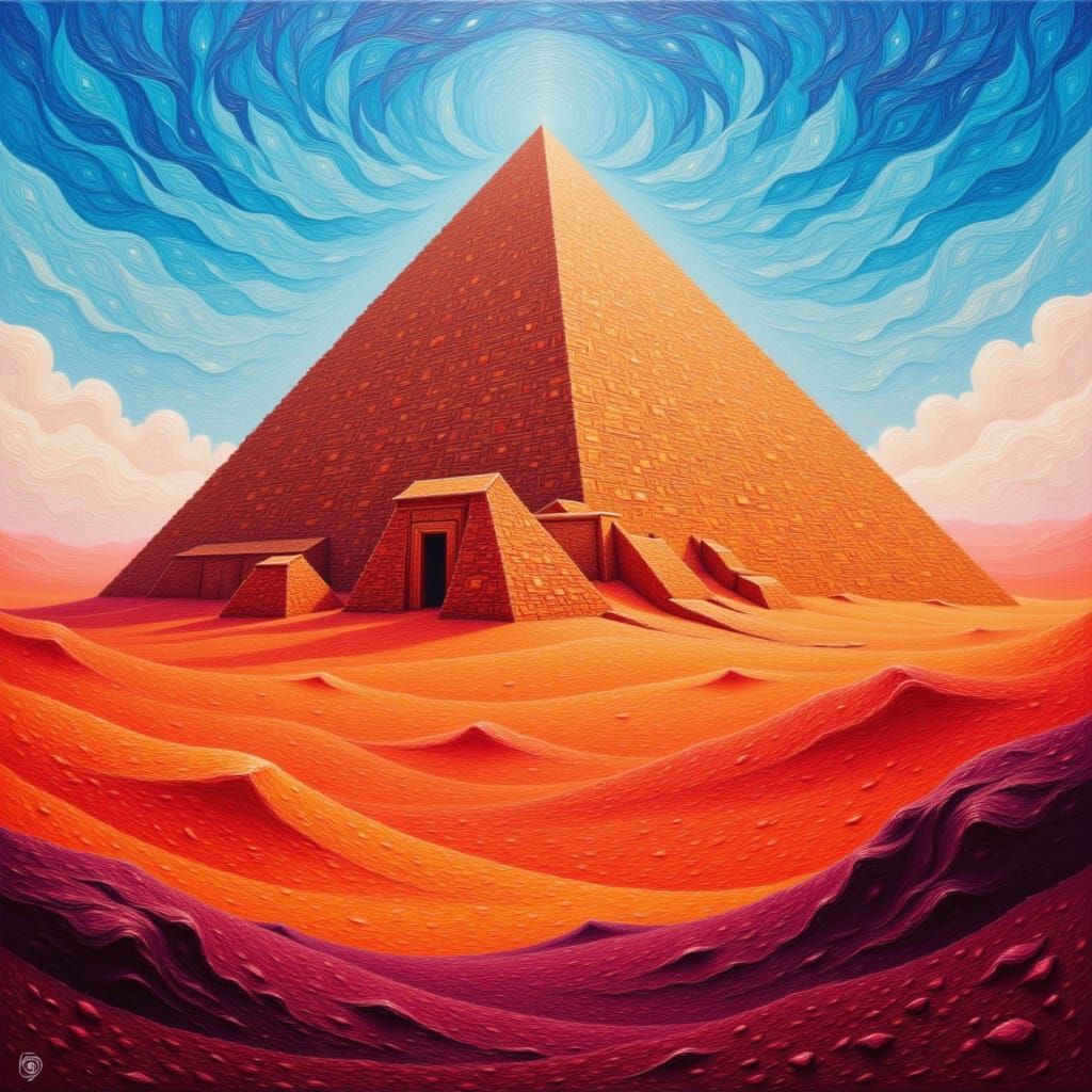 Pyramid in Red Sands Under Blue Skies