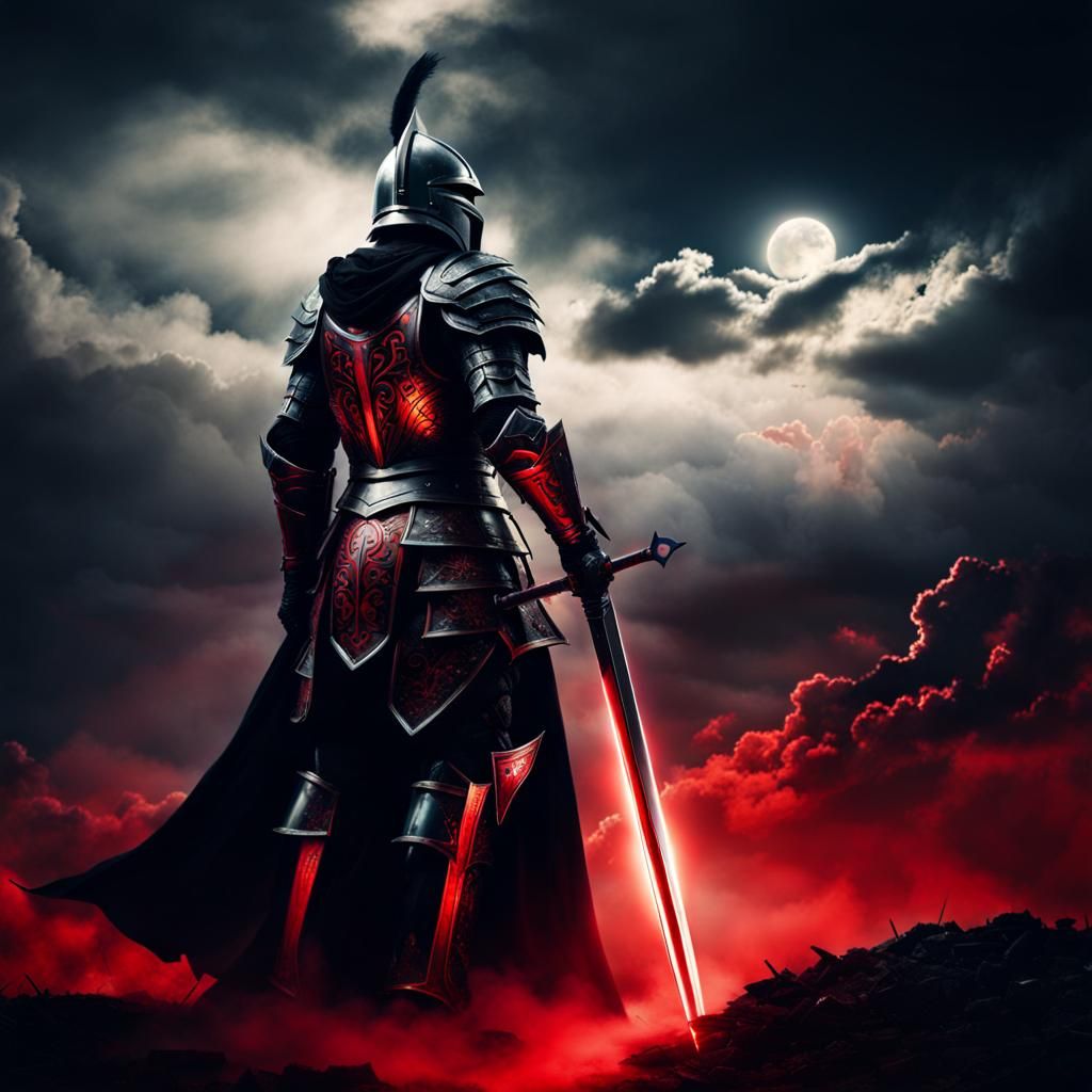 Black Knight in Glowing Armour Amidst War