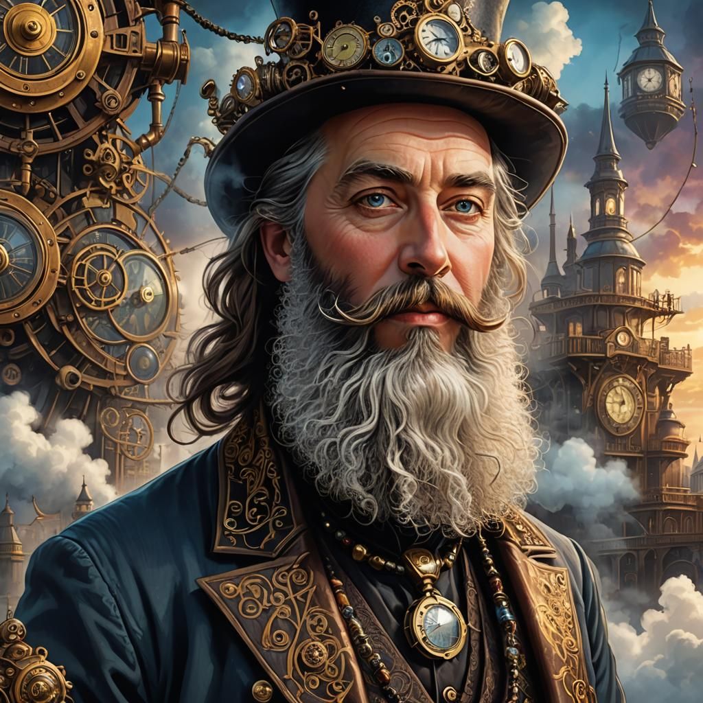 Steampunk Tinkerer with Twirling Beard in London Dusk