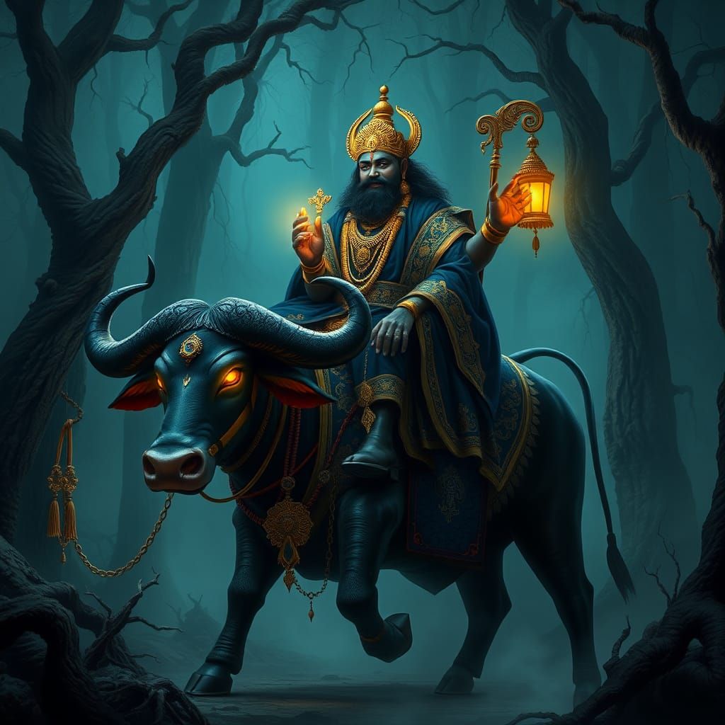 Yamaraj on Buffalo in Mystical Dark Forest