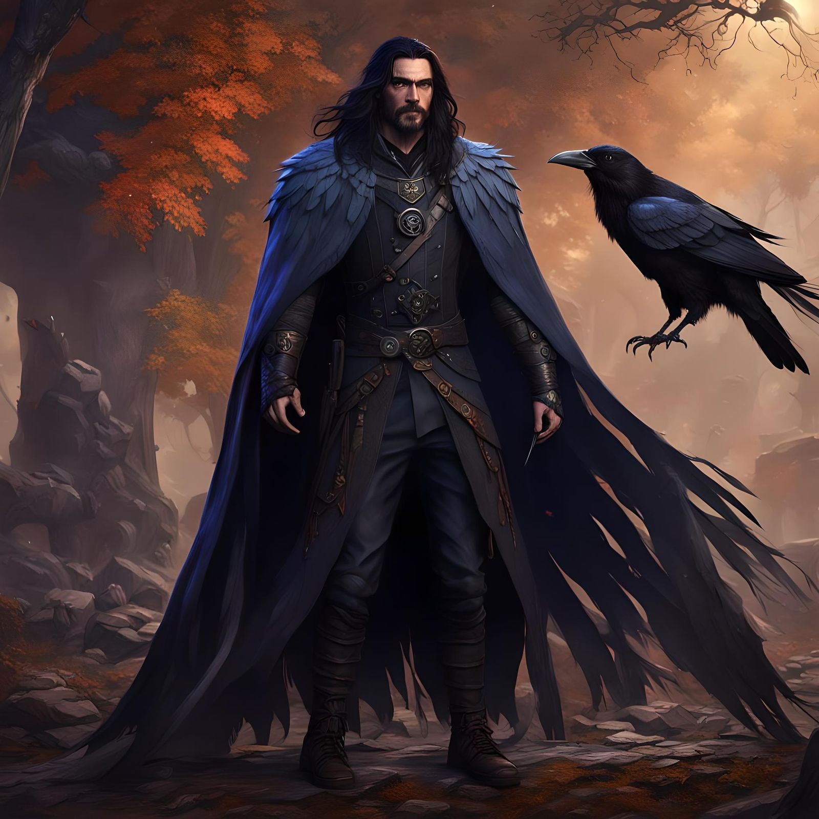 Fantasy Male with Crow Feather Cape, Detailed Art