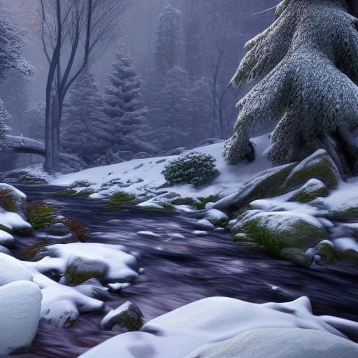 Snowy Creek in Detailed Matte Painting Style