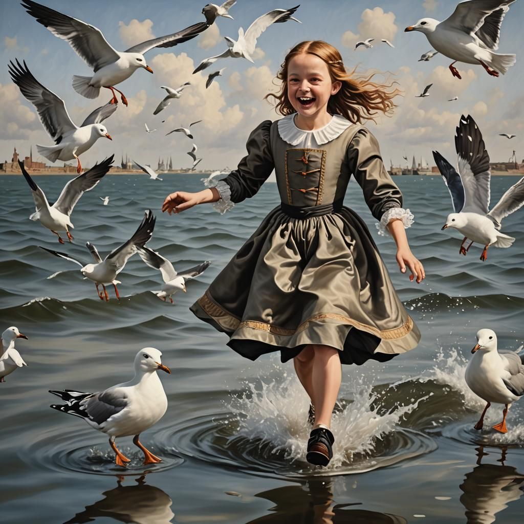 Girl in Tudor Dress Skips Over Water