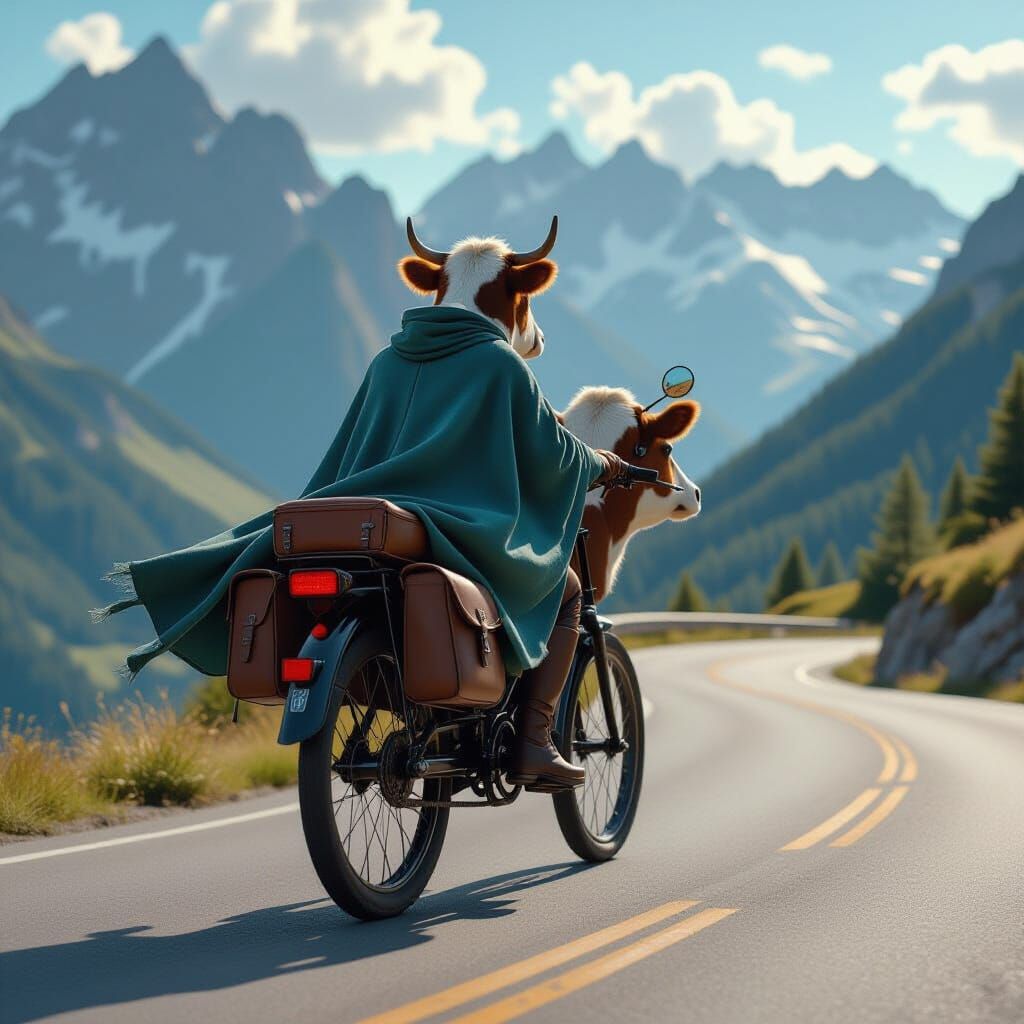 Cow Rides Vintage Bicycle on Mountain Road