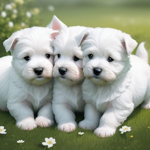West Highland White Terrier Puppies in a Serene Backyard Sce...