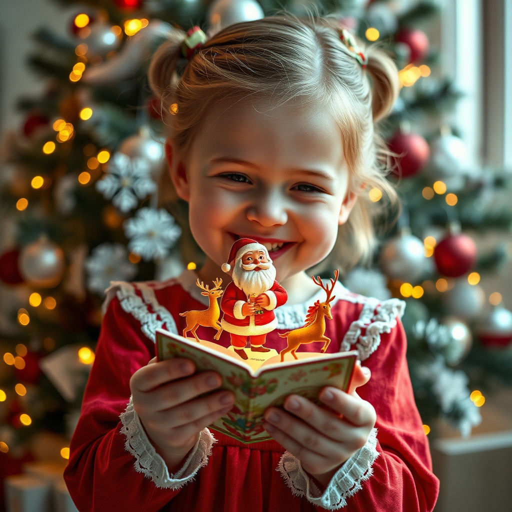 Girl with Christmas Pop-Up Card in Rockwell Style
