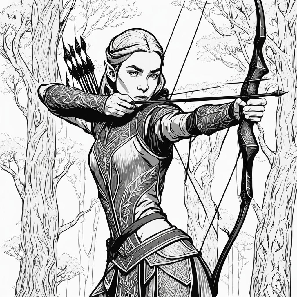 Bold Elven Archer in Whimsical Line Art