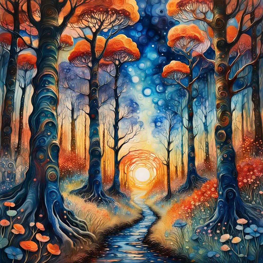 Whimsical Forest at Sunset: Encaustic Painting in Klimt Styl...