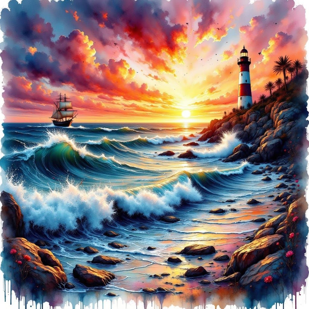 Stormy Seas: Sailing Ship and Romantic Lighthouse