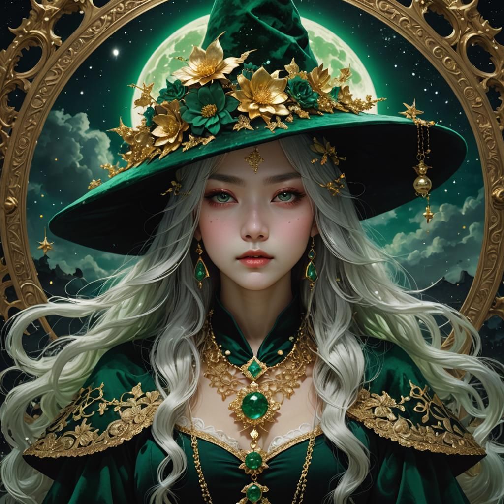 Ethereal Moon Witch in Emerald Regalia
