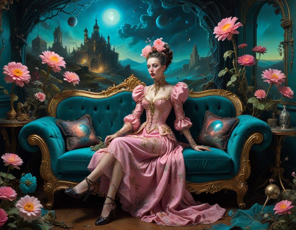 Vibrant Surrealist Goddess Amidst Apocalyptic Bloom