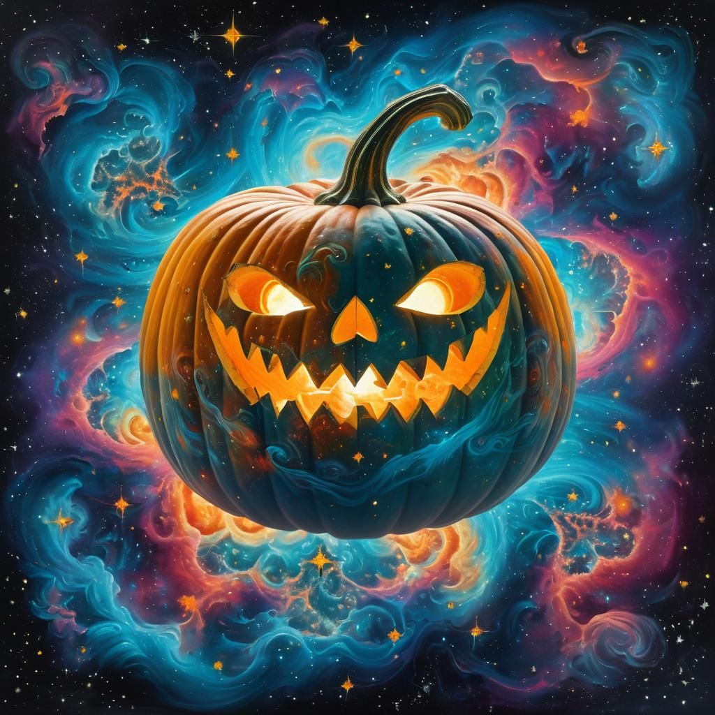 Fractal Halloween Pumpkin in Cosmic Nebula: Airbrush Art