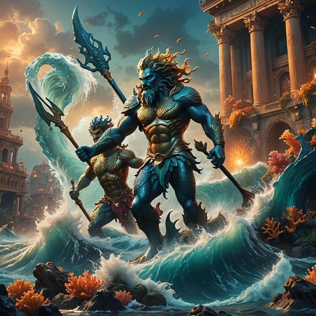 Merman's Battle: Trident Against the Tidal Wave