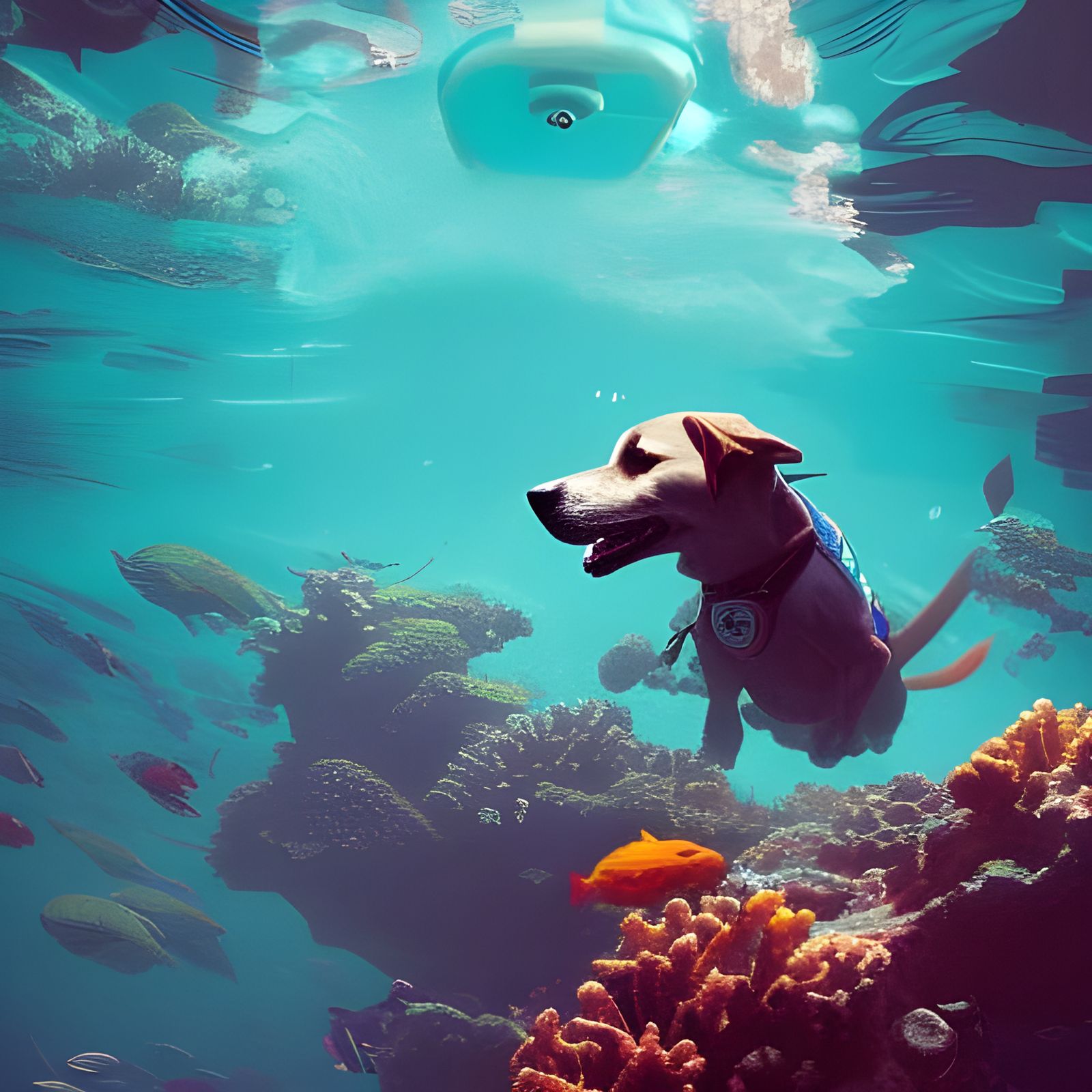 Dog Scuba Diving in Coral Reef: Digital Art