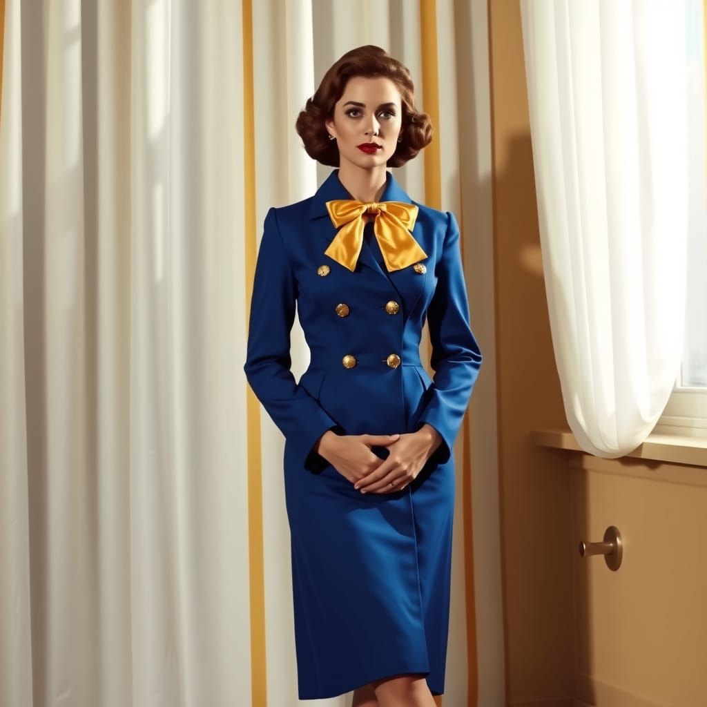 1950s Woman in Blue Coat with Golden Accents