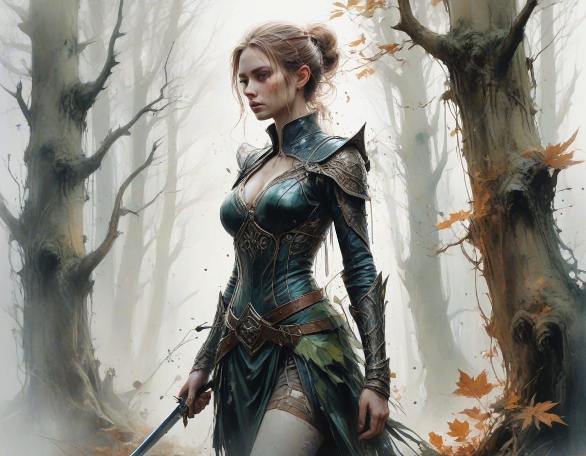 Elven Wanderer in Ancient Forest, Watercolor Art