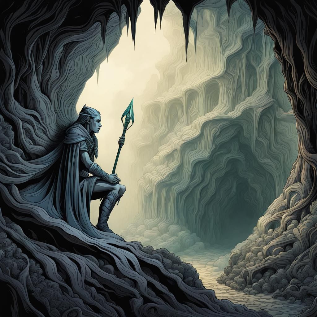 Pensive Dark Elf in Eerie Cave: Digital Illustration